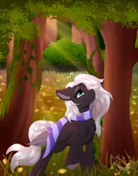 Size: 3000x3800 | Tagged: safe, artist:decemberbreeze, derpibooru import, oc, unofficial characters only, pegasus, pony, autumn, clothes, crepuscular rays, forest, image, nature, pegasus oc, png, scarf, solo, tree, wings