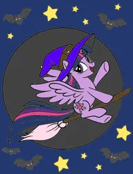 Size: 718x934 | Tagged: safe, derpibooru import, twilight sparkle, twilight sparkle (alicorn), alicorn, bat, pony, broom, flying, hat, image, png, spread wings, stars, wings, witch, witch hat