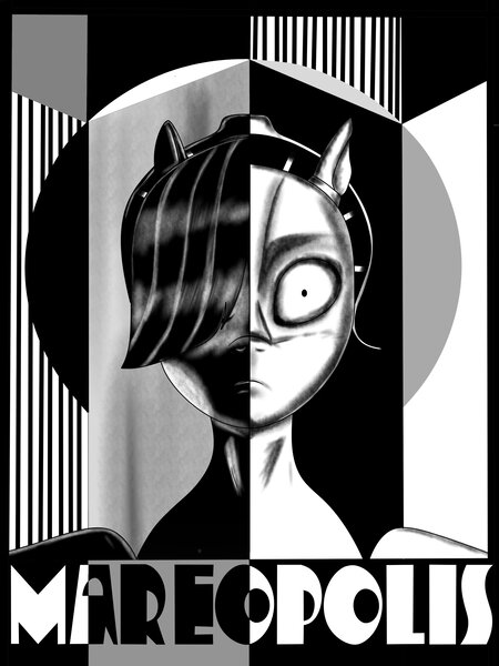 Size: 3072x4096 | Tagged: safe, artist:pony quarantine, derpibooru import, pony, robot, robot pony, black and white, bust, female, grayscale, hair over one eye, image, jpeg, looking at you, mare, metropolis, monochrome, solo, text