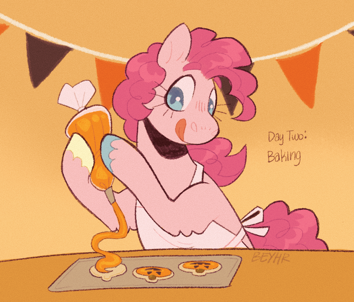 Size: 932x796 | Tagged: safe, artist:beyhr, derpibooru import, pinkie pie, earth pony, pony, g4, apron, baking, clothes, colored hooves, cookie, food, frosting, halloween, holiday, hooves, image, multicolored hooves, pennant, png, ponytober, solo, tongue out