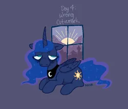 Size: 645x547 | Tagged: safe, artist:beyhr, derpibooru import, princess luna, alicorn, pony, bags under eyes, cutie mark swap, digital art, image, lying down, pixel art, png, solo, tired, window, wrong cutie mark