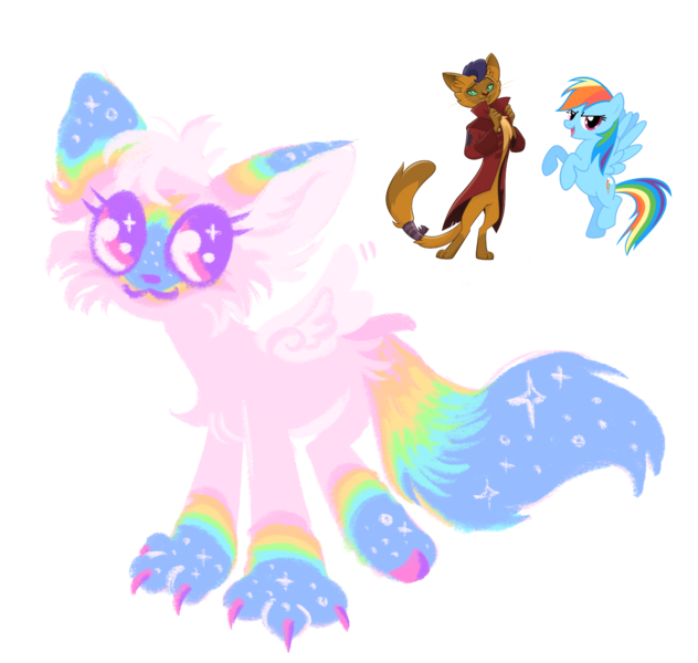 Size: 1666x1582 | Tagged: safe, artist:peaceandlove26, artist:twinklewish, derpibooru import, capper dapperpaws, rainbow dash, oc, oc:sparkles, oc:sprinkles, cat, hybrid, my little pony: the movie, 2021, :3, big ears, bushy tail, butt fluff, cheek fluff, chest fluff, coat markings, colored ears, colored eyelashes, colored hooves, colored pinnae, colored pupils, colored wings, colorful, ear fluff, eyelashes, facial markings, feline, female, fur, hooves, hybrid oc, image, interspecies offspring, lineless, looking away, looking to the right, offspring, old art, parent:capper dapperpaws, parent:rainbow dash, parents:capperdash, pink fur, pink wings, png, purple eyelashes, purple pupils, quadrupedal, rainbow ears, rainbow tail, reference used, sideways glance, small wings, smiling, socks (coat marking), solo, sparkly ears, sparkly eyes, sparkly legs, sparkly tail, spread wings, tail, wingding eyes, winged cat, wings