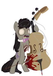 Size: 1991x2830 | Tagged: grimdark, derpibooru import, octavia melody, earth pony, pony, undead, zombie, zombie pony, g4, blood, cello, disemboweled, female, gutted, image, mare, musical instrument, octavia's bowtie, png, ribs, rotting teeth, simple background, solo, stomach cavity, title screen, transparent background, white eyes