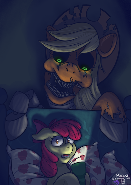 Size: 2480x3508 | Tagged: semi-grimdark, artist:uniomie, derpibooru import, apple bloom, applejack, earth pony, pony, five nights at aj's, g4, applejack's hat, bed, cowboy hat, duo, five nights at freddy's, flashlight (object), fnaf 4, glow, glowing eyes, hat, image, inktober, inktober 2024, lots of teeth, night, nightmare, nightmare animatronic, nightmare fuel, on bed, png, scared