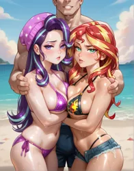 Size: 704x896 | Tagged: suggestive, ai content, derpibooru import, editor:sammykun, machine learning generated, starlight glimmer, sunset shimmer, human, g4, beach, bikini, blushing, breast squish, breasts, busty starlight glimmer, busty sunset shimmer, clothes, duo, duo female, female, hug, hug from behind, humanized, image, long hair, male, muscles, muscular male, ocean, outdoors, png, prompter:sammykun, serious, serious face, sexy, shorts, sky, smiling, swimsuit, teeth, water, wet