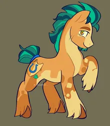 Size: 1978x2260 | Tagged: safe, artist:_shummy_, derpibooru import, hitch trailblazer, earth pony, pony, g5, alternate design, blaze (coat marking), brown background, coat markings, facial markings, image, jpeg, looking at you, male, missing accessory, pale belly, simple background, smiling, smiling at you, solo, stallion, twitterina design