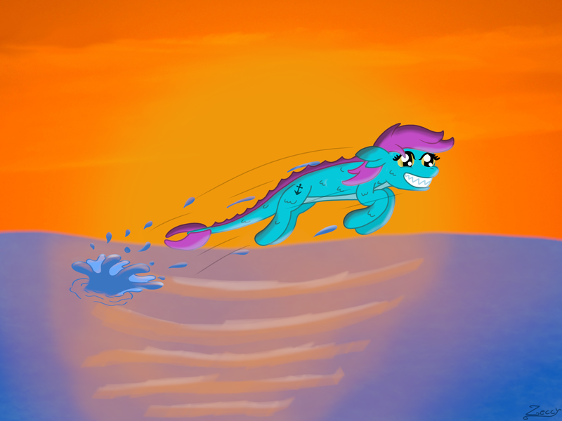 Size: 2000x1500 | Tagged: safe, artist:zeccy, derpibooru import, oc, unofficial characters only, original species, shark, shark pony, image, png, sharp teeth, solo, splash, sunset, teeth, water