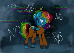 Size: 1943x1399 | Tagged: safe, artist:buff_fluttershy, derpibooru import, rainbow dash, pegasus, pony, fanfic:rocket to insanity, alternate universe, bound wings, chained, chains, clothes, fanfic art, image, jpeg, jumpsuit, prison outfit, prisoner, prisoner rd, shackles, solo, text, voices in the head, wings