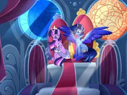 Size: 1024x768 | Tagged: artist needed, source needed, safe, derpibooru import, twilight sparkle, twilight sparkle (alicorn), oc, oc:blue thunder, alicorn, pony, canon x oc, canterlot castle, duo, female, folded wings, image, jpeg, king, male, queen, ruler, shipping, spread wings, straight, thundersparkle, twilight's castle, wings