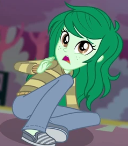 Size: 745x848 | Tagged: safe, derpibooru import, screencap, wallflower blush, equestria girls, g4, antagonist, brown eyes, brown sweater, clothes, cropped, defeat, defeated, equestria girls specials, frightened, green hair, green skin, guilty, image, my little pony equestria girls: forgotten friendship, oh no, png, scared, sweater, terrified, uh oh, villainess