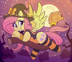 Size: 2048x1766 | Tagged: safe, derpibooru import, fluttershy, pegasus, pony, blushing, broom, clothes, costume, cute, halloween, halloween 2024, halloween costume, happy, hat, holiday, image, jpeg, looking at you, shyabetes, smiling, smiling at you, socks, witch, witch hat