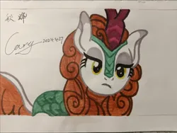 Size: 1702x1279 | Tagged: safe, artist:caryhhhh, derpibooru import, autumn blaze, kirin, g4, cream background, female, image, jpeg, looking at you, signature, simple background, traditional art