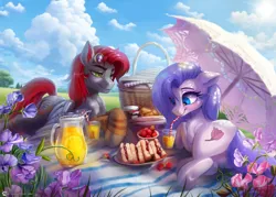 Size: 2000x1428 | Tagged: safe, artist:caddea, derpibooru import, oc, unofficial characters only, earth pony, pegasus, pony, amputee, artificial wings, augmented, basket, blushing, clothes, drink, drinking, drinking straw, female, field, flower, food, goggles, goggles on head, image, juice, leg warmers, lying down, male, mare, picnic, picnic basket, picnic blanket, pitcher, plate, png, prone, prosthetic limb, prosthetic wing, prosthetics, sandwich, stallion, strawberry, wings