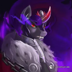 Size: 4072x4096 | Tagged: safe, artist:caddea, derpibooru import, king sombra, pony, unicorn, g4, black mane, chains, clothes, coat, colored horn, crown, curved horn, digital art, fangs, flowing mane, horn, image, jewelry, jpeg, looking at you, male, peytral, red eyes, regalia, solo, sombra eyes, sombra horn, stallion