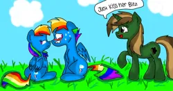 Size: 1024x536 | Tagged: oc name needed, safe, artist:artistcoolpony, derpibooru import, rainbow dash, oc, pegasus, pony, unicorn, g4, blushing, female, floppy ears, half r63 shipping, horn, image, jpeg, looking away, male, mare, outdoors, rainbow blitz, rule 63, self paradox, self ponidox, selfcest, ship:dashblitz, ship:dashdash, shipper on deck, shipping, stallion, straight, sweat