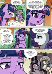 Size: 1204x1700 | Tagged: safe, artist:tarkron, derpibooru import, rarity, spike, twilight sparkle, twilight sparkle (alicorn), alicorn, dragon, pony, unicorn, comic:the royal sandal, g4, comic, flashback, horn, image, png, speech bubble, thinking, train