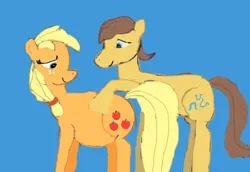 Size: 604x416 | Tagged: safe, artist:firekitty8, derpibooru import, applejack, caramel, earth pony, pony, g4, blue background, crappy art, female, happy, image, jpeg, male, not incest, offspring, parent:applejack, parent:caramel, parents:carajack, preggo jack, pregnant, ship:carajack, shipping, simple background, smiling, straight