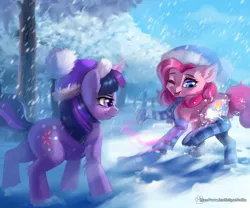 Size: 2000x1666 | Tagged: safe, artist:caddea, derpibooru import, pinkie pie, twilight sparkle, earth pony, pony, unicorn, g4, clothes, duo, duo female, female, hat, horn, image, magic, mare, one eye closed, open mouth, open smile, outdoors, png, scarf, smiling, snow, snowball, snowfall, socks, striped scarf, striped socks, telekinesis, tree, unicorn twilight, winter, winter hat