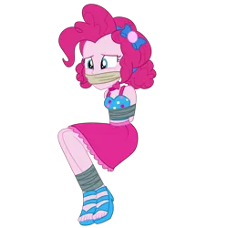 Size: 2000x2000 | Tagged: safe, artist:nie-martw-sie-o-mnie, derpibooru import, pinkie pie, human, equestria girls, g4, bondage, bound and gagged, cloth gag, clothes, cruise concert outfit, dress, equestria girls specials, female, femsub, gag, image, my little pony equestria girls: spring breakdown, pinkiesub, png, sandals, simple background, solo, submissive, tape, tape bondage, transparent background