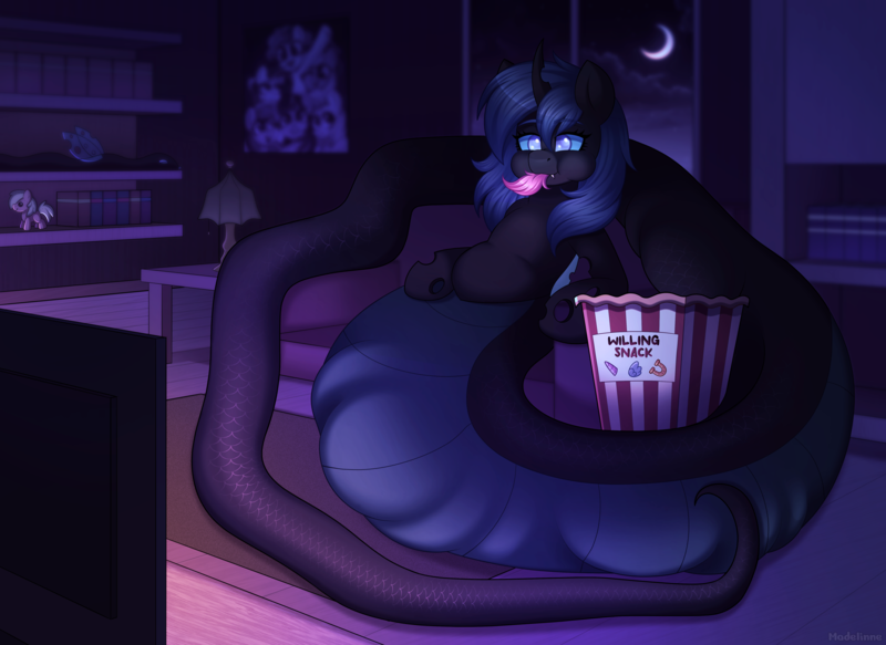 Size: 2800x2041 | Tagged: questionable, artist:madelinne, derpibooru import, oc, oc:buzzie, unofficial characters only, lamia, original species, image, moon, night, plushie, png, room, watching tv