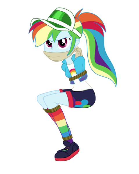 Size: 2000x2504 | Tagged: safe, artist:nie-martw-sie-o-mnie, derpibooru import, rainbow dash, human, equestria girls, festival filters, g4, spoiler:eqg series (season 2), bondage, bound and gagged, cloth gag, clothes, dashsub, female, femsub, gag, image, looking at you, music festival outfit, my little pony equestria girls: better together, png, rainbow socks, rope, rope bondage, simple background, sitting, socks, solo, striped socks, submissive, transparent background