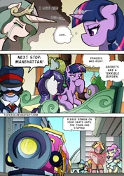 Size: 1204x1700 | Tagged: safe, artist:tarkron, derpibooru import, rarity, spike, twilight sparkle, twilight sparkle (alicorn), alicorn, dragon, pony, unicorn, comic:the royal sandal, g4, comic, flashback, glow, glowing horn, horn, image, newspaper, png, speech bubble, train, train station