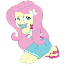 Size: 2000x2000 | Tagged: safe, artist:nie-martw-sie-o-mnie, derpibooru import, fluttershy, human, equestria girls, g4, bondage, butterfly hairpin, clothes, cruise outfit, equestria girls specials, female, femsub, fluttersub, gag, image, kneeling, my little pony equestria girls: spring breakdown, png, sandals, shorts, simple background, solo, submissive, tape, tape bondage, tape gag, transparent background