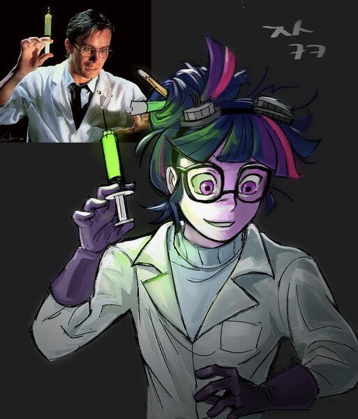 Size: 1304x1526 | Tagged: safe, artist:cranialgrind, derpibooru import, sci-twi, twilight sparkle, human, g4, clothes, gloves, half body, holding, humanized, image, jpeg, lab coat, male, reference used, smiling, solo, the reanimator