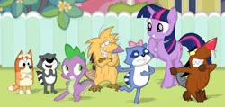 Size: 828x393 | Tagged: safe, artist:porygon2z, derpibooru import, spike, twilight sparkle, beaver, dog, dragon, pony, raccoon, unicorn, g4, angry beavers, australian cattle dog, bingo heeler, bluey, bow, crossed arms, crossover, daggett doofus beaver, dancing, disney, eyes closed, female, fence, giggling, grin, hair bow, image, jpeg, laughing, lowres, male, mare, norbert foster beaver, open mouth, open smile, pb&j otter, pinch raccoon, scootch raccoon, smiling, unicorn twilight, wingless spike