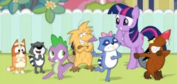 Size: 3445x1636 | Tagged: safe, artist:porygon2z, derpibooru import, spike, twilight sparkle, beaver, dog, dragon, pony, raccoon, unicorn, g4, angry beavers, australian cattle dog, bingo heeler, bluey, bow, crossover, daggett doofus beaver, dancing, disney, eyes closed, female, fence, giggling, grin, hair bow, horn, image, laughing, lowres, male, mare, norbert foster beaver, open mouth, open smile, pb&j otter, pinch raccoon, png, scootch raccoon, smiling, unicorn twilight, wingless spike