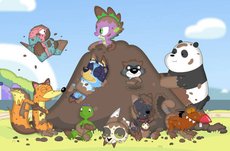 Size: 828x545 | Tagged: safe, artist:porygon2z, derpibooru import, spike, bear, beaver, dog, dragon, fox, panda, porygon, raccoon, turtle, g4, angry beavers, australian cattle dog, bluey, bluey heeler, bow, crossover, daggett doofus beaver, dirt, dirty, disney, dora the explorer, eyes closed, franklin the turtle, hair bow, harriet turtle, image, jpeg, king clawthorne, panda (we bare bears), pb&j otter, pokémon, scootch raccoon, smiling, swiper the fox, we bare bears