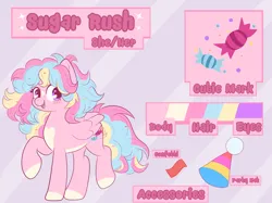 Size: 2732x2048 | Tagged: safe, artist:kuroartss, derpibooru import, oc, oc:sugar rush, unofficial characters only, pegasus, pony, candy, confetti, female, food, hat, heart, heart eyes, high res, image, looking at you, mare, open mouth, open smile, party hat, pegasus oc, png, raised hoof, raised leg, reference sheet, smiling, smiling at you, solo, sparkles, tail, wingding eyes, wings