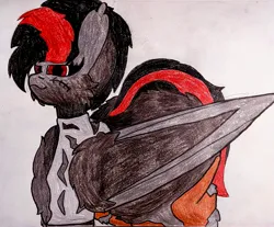 Size: 4195x3472 | Tagged: safe, artist:acid flask, derpibooru import, oc, oc:blood moon, unofficial characters only, bat pony, werewolf, wolf, 2d, chest fluff, clothes, colored, colored pencil drawing, costume, fluffy, halloween, halloween costume, holiday, image, jpeg, large butt, large wings, long tail, looking at you, short hair, socks, tail, torn clothes, traditional art, wings