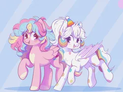 Size: 2732x2048 | Tagged: safe, artist:kuroartss, derpibooru import, oc, oc:confetti cupcake, oc:sugar rush, bat pony, pegasus, pony, bat pony oc, bat wings, blush sticker, blushing, duo, duo female, ear fluff, ear tufts, fangs, female, folded wings, hat, heart, heart eyes, high res, image, looking at you, mare, open mouth, open smile, party hat, pegasus oc, png, raised hoof, raised leg, smiling, smiling at you, standing on two hooves, tail, wingding eyes, wings