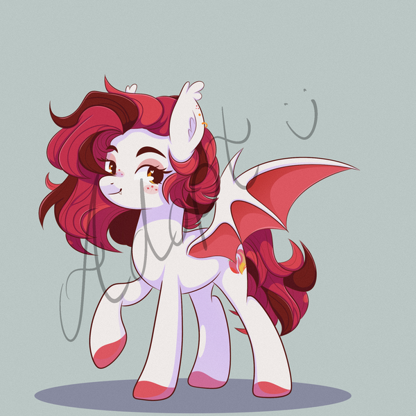 Size: 2048x2048 | Tagged: safe, artist:kuroartss, derpibooru import, oc, unofficial characters only, bat pony, adoptable, bat pony oc, bat wings, blush sticker, blushing, ear fluff, ear tufts, fangs, heart, heart eyes, image, png, raised hoof, smiling, solo, spread wings, tail, wingding eyes, wings