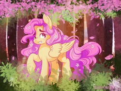 Size: 2732x2048 | Tagged: safe, artist:kuroartss, derpibooru import, fluttershy, pegasus, pony, g4, blush sticker, blushing, ear fluff, female, flower, flower in hair, flower in tail, forest, heart, heart eyes, image, jpeg, mare, nature, outdoors, ponytober, ponytober 2024, raised hoof, raised leg, smiling, solo, standing on two hooves, tail, tree, wingding eyes, wings