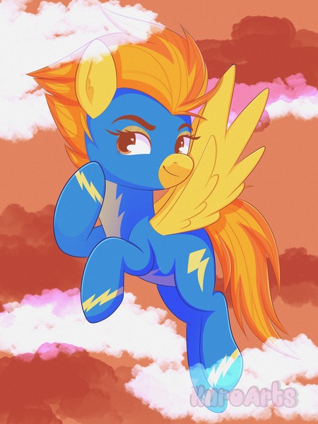 Size: 2048x2732 | Tagged: safe, artist:kuroartss, derpibooru import, spitfire, pegasus, pony, g4, clothes, cloud, female, flying, heart, heart eyes, image, jpeg, mare, outdoors, ponytober, ponytober 2024, sky, smiling, solo, spread wings, uniform, wingding eyes, wings, wonderbolts uniform