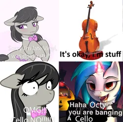 Size: 640x635 | Tagged: safe, artist:dazko, artist:haetran, artist:higgly-chan, artist:reiduran, derpibooru import, edit, octavia melody, vinyl scratch, earth pony, pony, undead, unicorn, vampire, cello, female, horn, hotel transylvania, image, mare, meme, musical instrument, png, shitposting