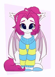 Size: 2216x3072 | Tagged: safe, artist:keupoz, derpibooru import, oc, oc:lerk, unofficial characters only, bat pony, abstract background, bat pony oc, bat wings, clothes, commission, image, png, sitting, wings