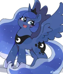 Size: 1633x1917 | Tagged: safe, artist:leo19969525, derpibooru import, princess luna, alicorn, pony, g4, :d, cute, ethereal mane, female, image, jpeg, lunabetes, mare, open mouth, open smile, simple background, smiling, solo, spread wings, starry mane, starry tail, tail, white background, wings