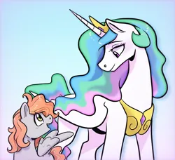 Size: 1885x1717 | Tagged: safe, artist:smirk, derpibooru import, princess celestia, oc, oc:morning dew, pegasus, crown, duo, female, gradient background, image, jewelry, mother and child, mother and daughter, parent:derpy hooves, png, regalia, smiling