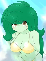 Size: 1750x2327 | Tagged: suggestive, alternate version, artist:batipin, derpibooru import, wallflower blush, human, equestria girls, g4, 2d, bangs, belly, belly button, bikini, breasts, busty wallflower blush, cleavage, clothes, cute, eyebrows, eyebrows visible through hair, female, flowerbetes, freckles, hoodie, image, jacket, looking at you, messy hair, png, smiling, smiling at you, solo, string bikini, swimsuit, yellow bikini