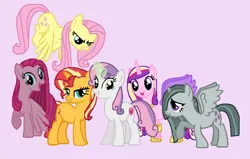 Size: 892x568 | Tagged: safe, artist:diana173076, derpibooru import, fluttershy, marble pie, pinkie pie, princess cadance, sunset shimmer, sweetie belle, alicorn, pegasus, pony, g4, alicornified, alternate mane six, alternate universe, image, jpeg, older, older sweetie belle, pegasus pinkie pie, pink background, pinkamena diane pie, race swap, simple background