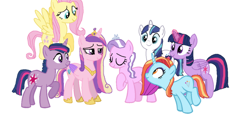 Size: 1293x656 | Tagged: safe, artist:diana173076, derpibooru import, diamond tiara, fluttershy, princess cadance, sassy saddles, shining armor, twilight sparkle, twilight sparkle (alicorn), alicorn, pegasus, pony, g4, alternate mane six, alternate universe, dusk shine, image, older, older diamond tiara, png, rule 63, simple background, white background