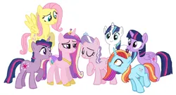 Size: 1253x676 | Tagged: safe, artist:diana173076, derpibooru import, diamond tiara, fluttershy, princess cadance, sassy saddles, shining armor, twilight sparkle, twilight sparkle (alicorn), alicorn, pegasus, pony, g4, alternate mane six, alternate universe, dusk shine, image, older, older diamond tiara, png, rule 63, simple background, white background