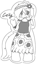 Size: 500x852 | Tagged: safe, artist:castafae, derpibooru import, oc, oc:ceiling fan, unofficial characters only, satyr, bags under eyes, belly, belly button, bracelet, clothes, female, hairband, hand behind back, image, jewelry, messy hair, monochrome, parent:oc:floor bored, pigtails, png, ribbon, skirt, solo, swimsuit, tanktop, waving