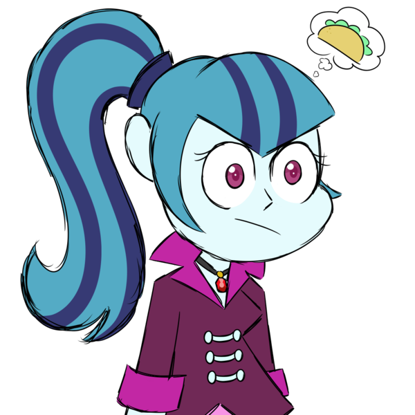 Size: 1080x1080 | Tagged: safe, artist:fuckomcfuck, derpibooru import, sonata dusk, human, equestria girls, g4, :/, food, image, png, rainbow rocks 10th anniversary, simple background, solo, sonataco, taco, thought bubble, transparent background