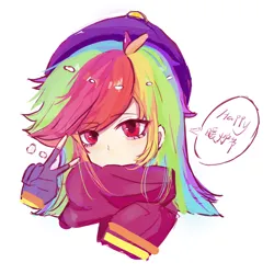 Size: 4096x4096 | Tagged: safe, artist:rdjinchuan, derpibooru import, rainbow dash, human, g4, bust, clothes, happy hearth's warming, hat, humanized, image, peace sign, png, portrait, scarf, simple background, speech bubble, white background, winter hat