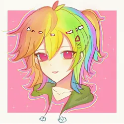 Size: 3000x3000 | Tagged: safe, artist:rdjinchuan, derpibooru import, rainbow dash, human, g4, bust, humanized, image, jpeg, multicolored hair, open mouth, passepartout, ponytail, portrait, rainbow hair, smiling, solo