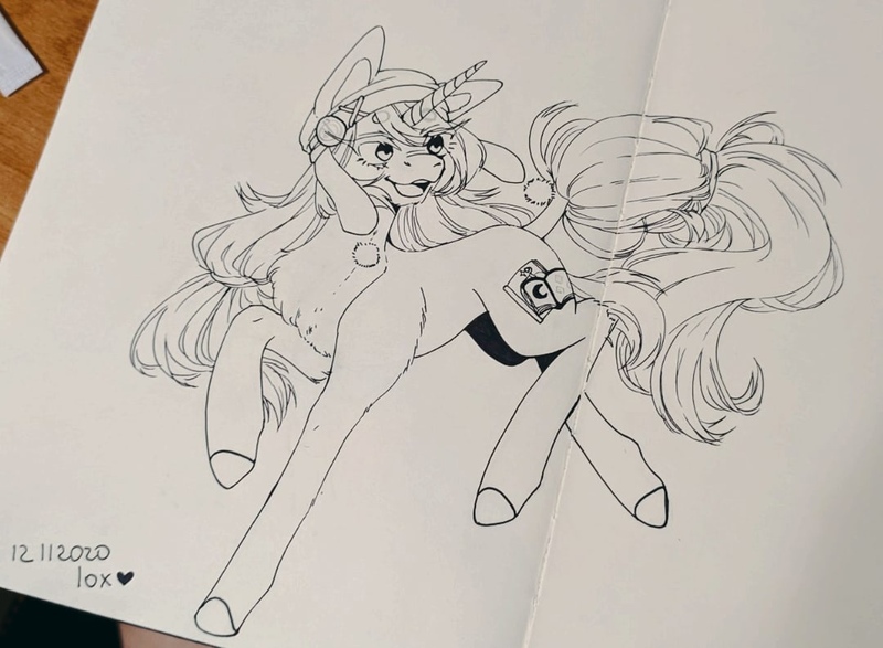 Size: 1080x793 | Tagged: safe, artist:illustra, derpibooru import, oc, oc:liber weise, unofficial characters only, classical unicorn, pony, unicorn, 2020, black and white, chest fluff, cloven hooves, eye clipping through hair, eyebrows, eyebrows visible through hair, female, female oc, grayscale, hat, heart, horn, image, irl, jpeg, leonine tail, looking away, mare oc, monochrome, open mouth, pencil drawing, photo, raised hoof, side view, signature, simple background, solo, standing, standing on one leg, tail, traditional art, unicorn oc, unshorn fetlocks, white background